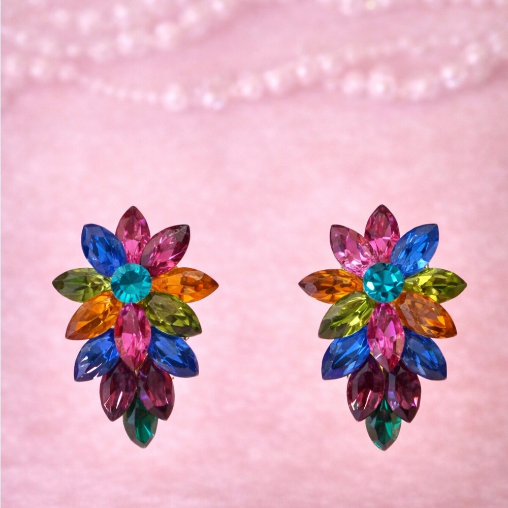 Vintage Rainbow Rhinestone Floral Earrings | Multicolor Crystal | 1.5” Post Back